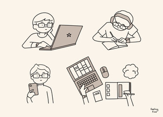 Working , content creator,  Man work form home line illustration