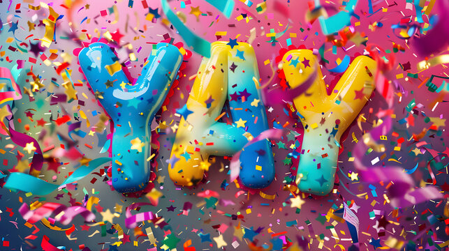 Colorful Festive 'YAY' Text Design with Confetti, Streamers, and Sparkles for Celebratory Occasions