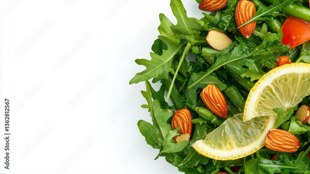 Poster fresh green bean and almond salad with arugula and lemon on white background