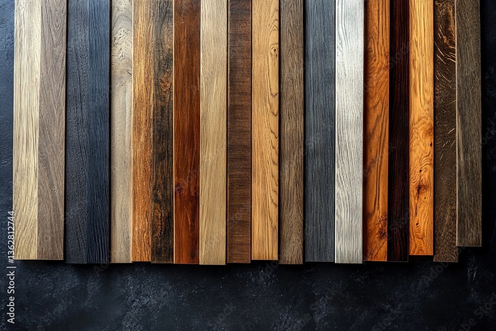 Poster Variety of wooden planks arranged in a geometric pattern on a dark surface showcasing natural textures and colors