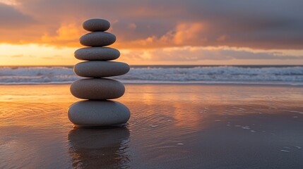Tranquil zen stones stacked on serene ocean beach at vibrant sunrise