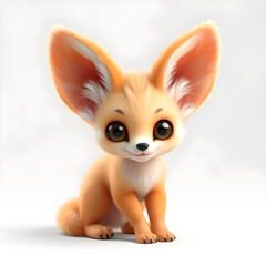 Obraz premium Fennec Fox – 3D baby fennec fox, giant fluffy ears, small round body, big cute eyes, pastel orange and lilac tones, white background. Generative AI
