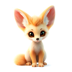 Fennec Fox – 3D baby fennec fox, giant fluffy ears, small round body, big cute eyes, pastel orange and lilac tones, white background. Generative AI