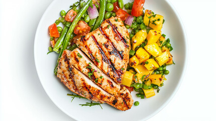 Grilled chicken salad with green beans and mango salsa