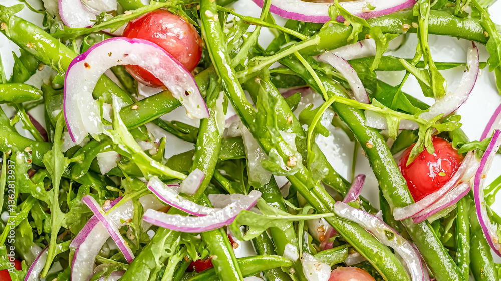 Poster fresh green sword bean salad with cherry tomatoes and onions