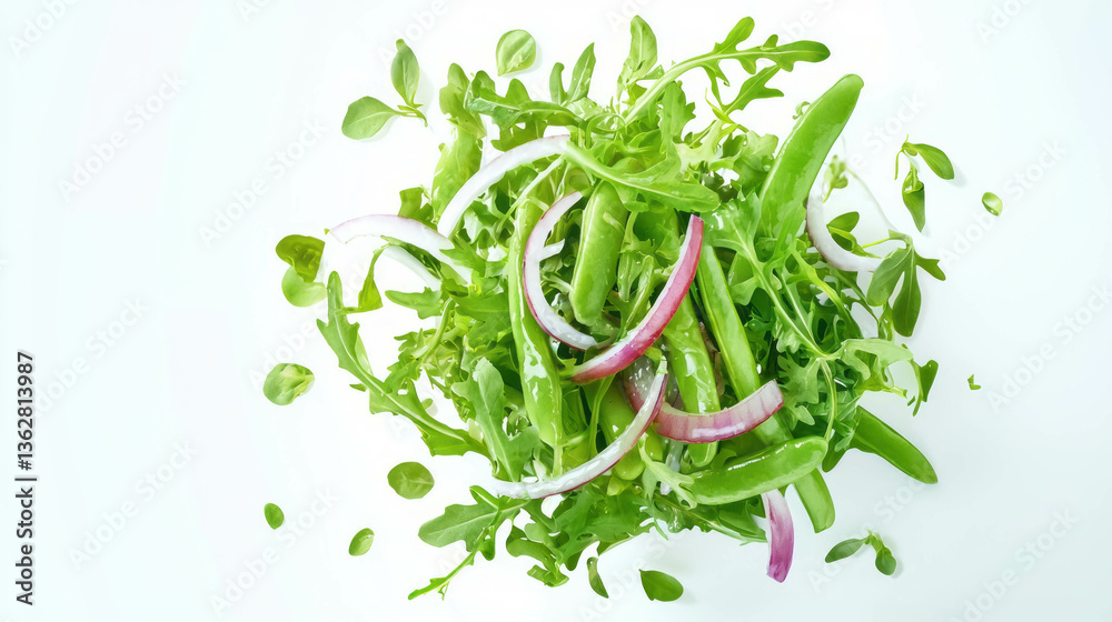 Poster fresh green sword bean and red onion salad on white background
