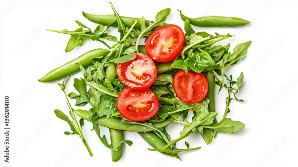 Poster fresh green sword bean and sliced tomato with arugula on white background for culinary design