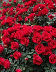 Obraz premium A lush backdrop of velvety red roses, tightly clustered, high resolution, velvet, lush