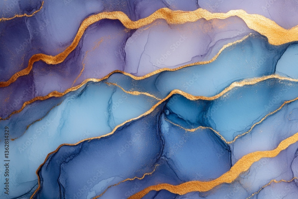 Poster swirling patterns of blue and purple with golden accents create a stunning abstract artwork
