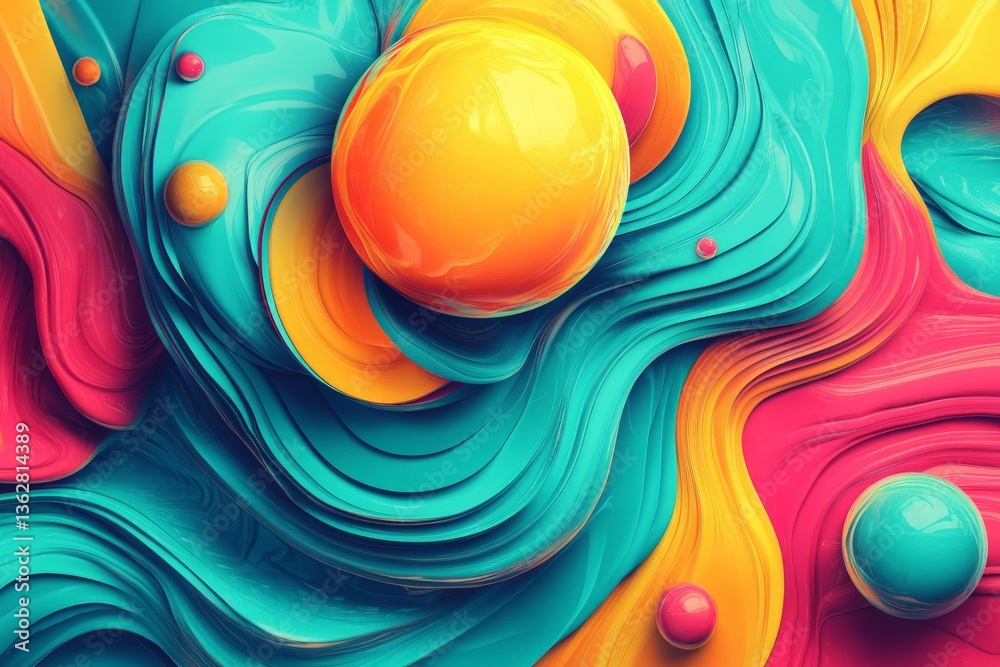 Poster Colorful abstract design featuring swirls and spheres in vibrant hues, showcasing dynamic patterns at an artistic display