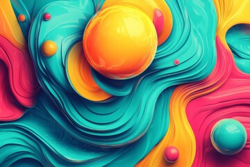 Colorful abstract design featuring swirls and spheres in vibrant hues, showcasing dynamic patterns at an artistic display