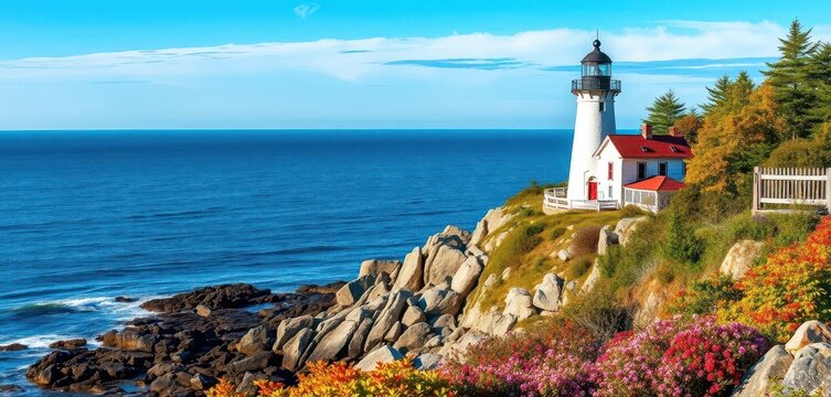 Annisquam Lighthouse stands tall against the rugged Massachusetts coast, a classic New England scene, vacation, landscape, clouds