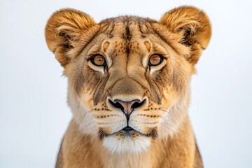 Obraz premium A female lion stares directly at the camera, her amber eyes captivating against a white background. The warm tones of her fur and the intensity of her gaze create a striking image.