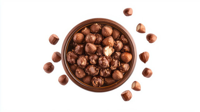 Realistic hazelnut and chocolate delight in wooden bowl for gourmet design
