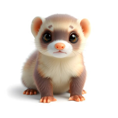 Fototapeta premium Ferret – 3D baby ferret, long fluffy body, cute tiny paws, bright curious eyes, pastel beige and purple tones, white background. Generative AI