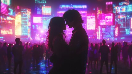 Romantic Embrace in a Neon Cityscape: A Couple's Affectionate Moment