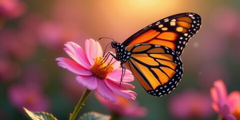 Fototapeta premium A Vibrant Monarch Butterfly Gently Feeding on a Delicate Pink Flower in a Sunlit Meadow