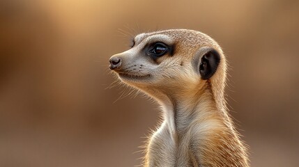 Fototapeta premium A meerkat looks pensively into the distance, bathed in warm, golden light. Its fur is soft and textured, against a blurred background.