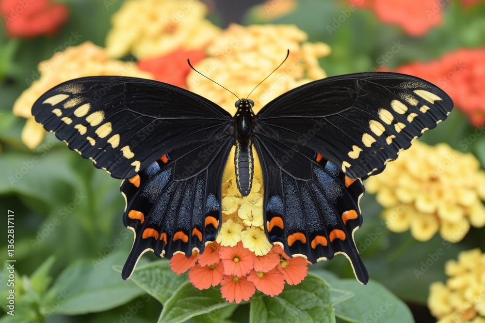 Poster butterfly resting on colorful flowers during a bright sunny day in a garden, showcasing vibrant wing