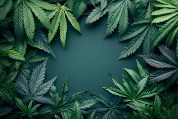 Lush green cannabis leaves arranged in a circular pattern on dark background for organic and herbal themes