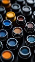 A stunning assortment of paint pots is beautifully organized on a sleek black surface, highlighting an array of vibrant colors