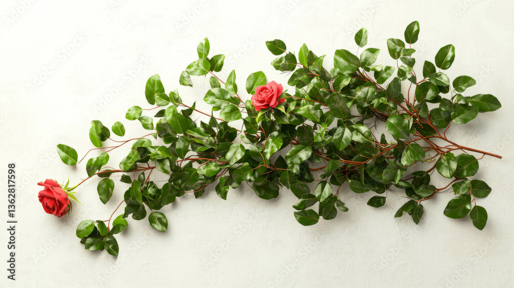 Poster realistic ivy branch intertwined with red roses on light background for botanical decor