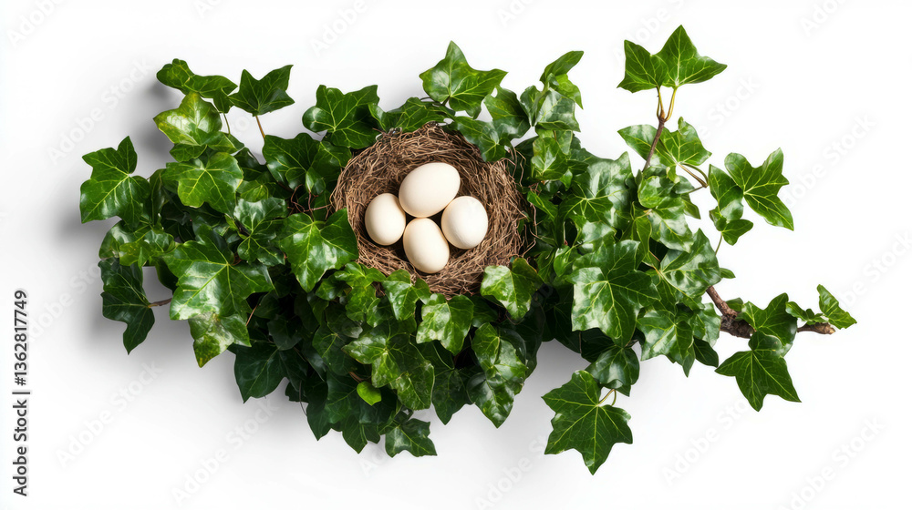 Poster ivy branch with bird's nest and eggs on white background for nature and spring decor