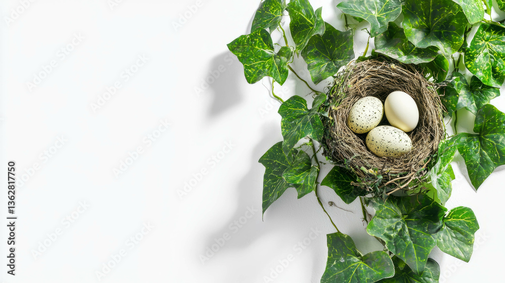 Poster Ivy branch with bird's nest and eggs on white background