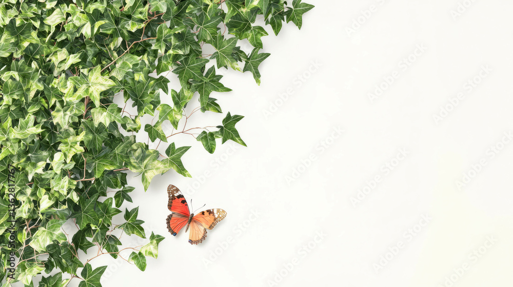 Poster ivy branch with butterfly on light background for nature-themed decor