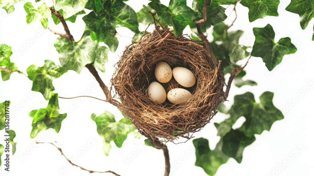 Poster Ivy branch with bird's nest and eggs for nature and wildlife design