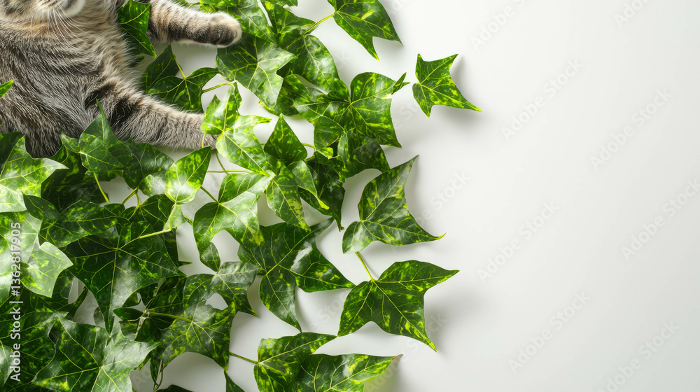 Poster Curious cat playing on ivy branches in a lush greenery setting