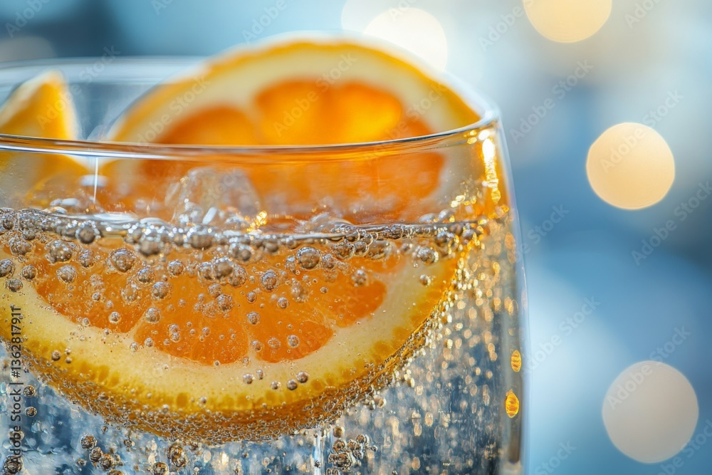 Poster Refreshing sparkling drink with orange slices creating a vibrant atmosphere in a glass at a sunny gathering