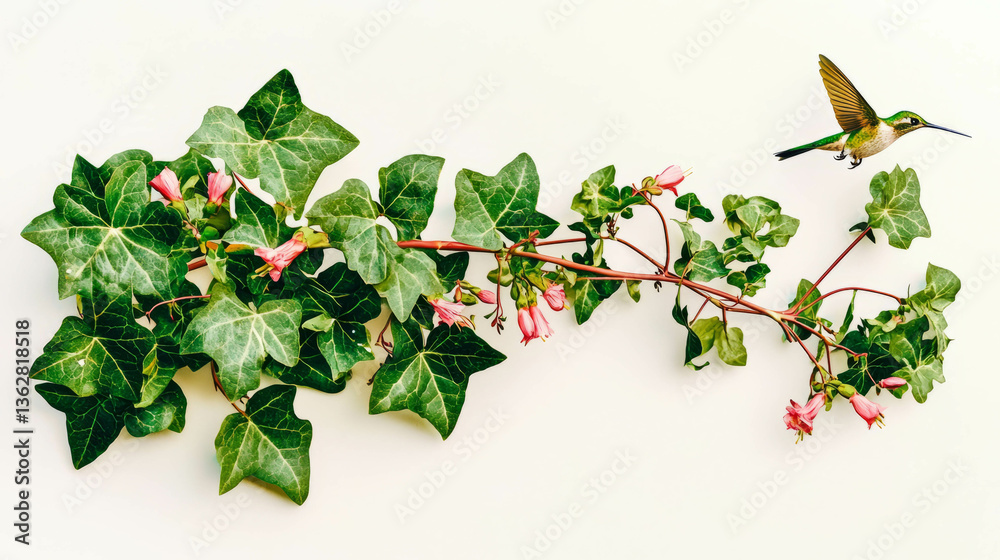 Poster realistic ivy branch with hummingbird in flight