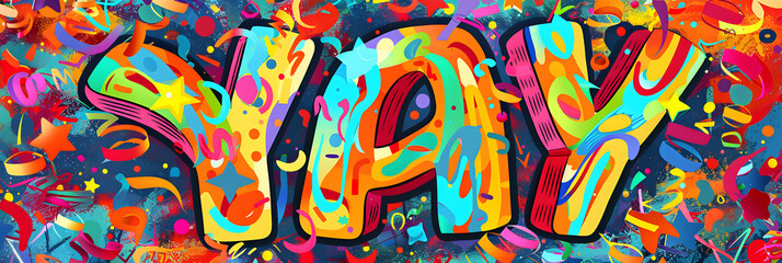 Colorful Festive 'YAY' Text Design with Confetti, Streamers, and Sparkles for Celebratory Occasions