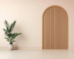 Minimalist floating wooden arch divider, suspended effect, warm teak wood, serene contemporary setting