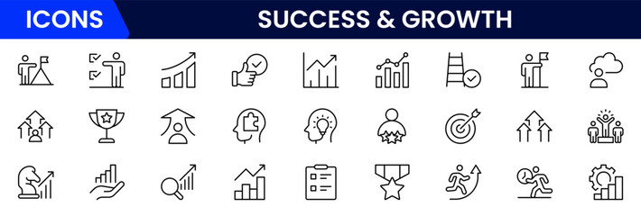 Success and growth web icons inline style. Handshake, growth profit, innovation, increase sale, coaching, progress, strategy, achievement, collection. Vector illustration.