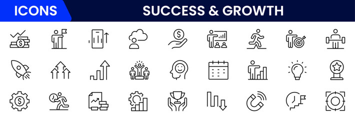 Success and growth web icons inline style. Handshake, growth profit, innovation, increase sale, coaching, progress, strategy, achievement, collection. Vector illustration.