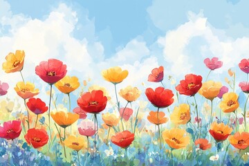Colorful spring flowers blooming in a vibrant meadow under a bright blue sky