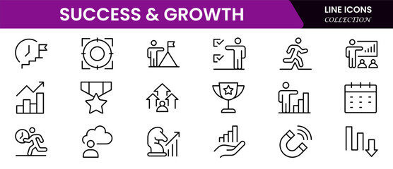 Success and growth web icons inline style. Handshake, growth profit, innovation, increase sale, coaching, progress, strategy, achievement, collection. Vector illustration.