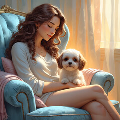 Girl dozing in a cozy plush chair with her beloved dog