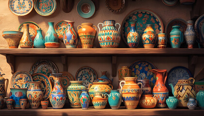 Fototapeta premium Colorful Ceramic Pottery Display in cookware Store Window. Concept of Artisanal Craftsmanship, Cultural Aesthetics, Traditional Handcrafted Art, kitchenware shop, Vibrant Home Decor, tableware
