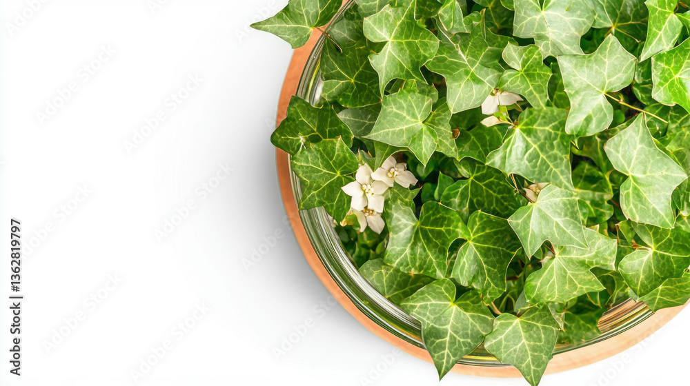 Poster Lush ivy branch with small white flowers on a textured background for botanical design