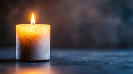 A softly glowing candle emits a warm light against a dark background, creating a tranquil atmosphere, This image is ideal for wellness, meditation, or cozy ambiance themes,