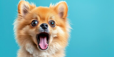 A cheerful Pomeranian dog with a vibrant expression against a bright blue background.
