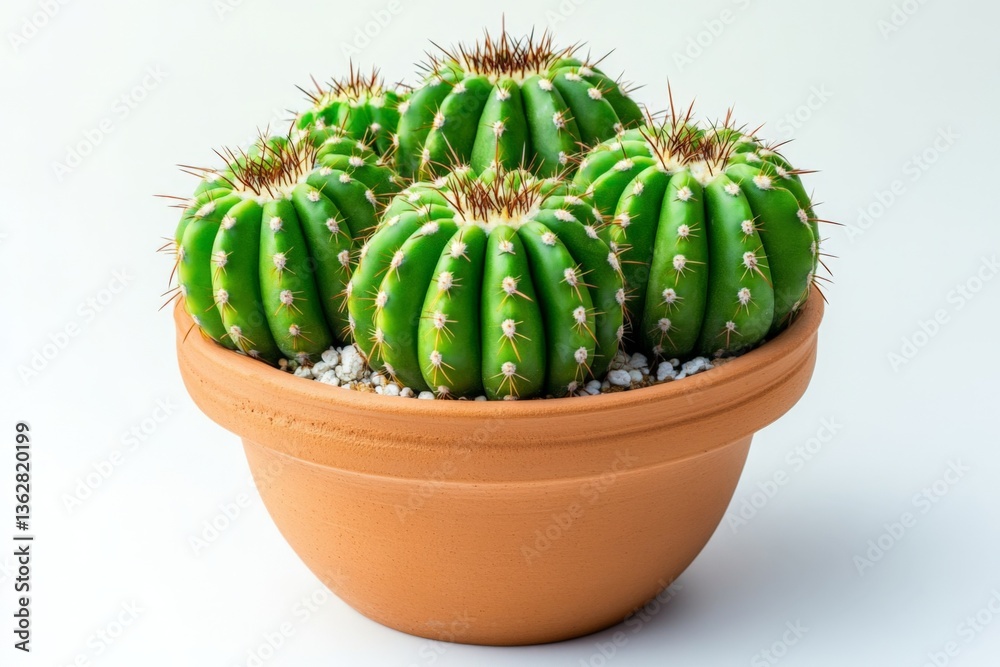 Poster group of green cacti in a terracotta pot placed against a neutral background displaying natural beau