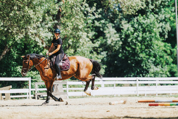 An equestrian rider is focusing while practicing horse jumping in a sunny outdoor arena surrounded...