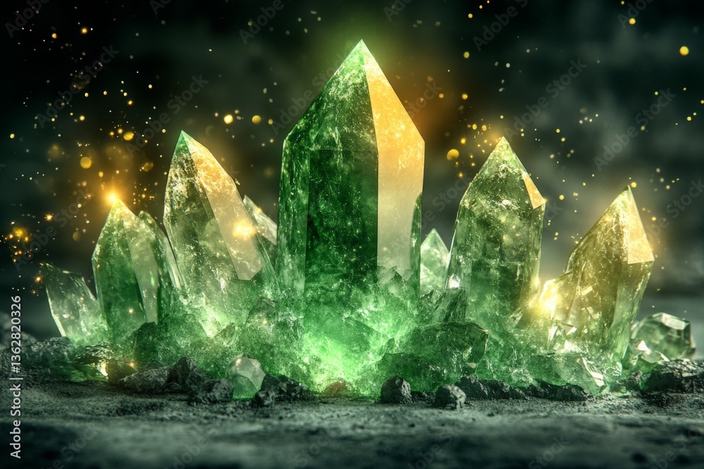 Poster green crystalline structure glows with ethereal light in a mystical setting