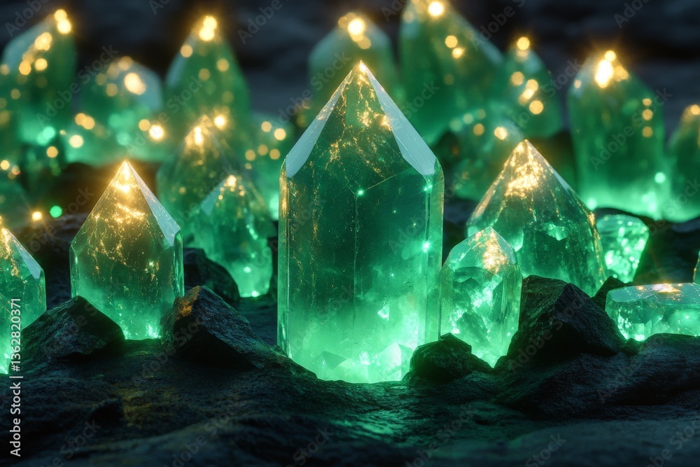 Aufkleber Multiple glowing green crystals scattered on rocky surface creating a magical and enchanting atmosphere at night