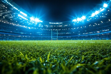 Stadium grass glimmers under bright lights during a rugby match at night