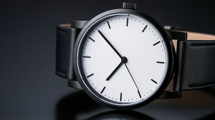 Naklejka premium A close-up of a minimalist wristwatch featuring a black leather strap and a sleek white face, Ideal for advertisements, blog posts on fashion, time management, or lifestyle imagery,